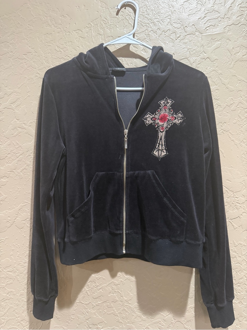 Katydid Black Velour Zip-Up Hoodie with Embroidered Cross and flared pants